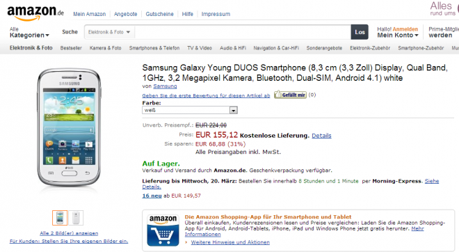 Das Galaxy Young ist ab sofort bei Amazon erhältlich