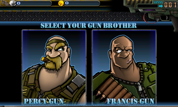 Percy und Francis Gun sind Brüder. Hier kannst du einen der beiden zum spielen wählen. Percy und Francis Gun sind Brüder. Hier kannst du einen der beiden zum spielen wählen.
