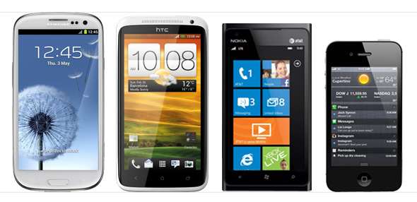 Das Samsung Galaxy S3, HTC One, Nokia Lumia 900 und das iPhone 4S. Das Samsung Galaxy S3, HTC One, Nokia Lumia 900 und das iPhone 4S.