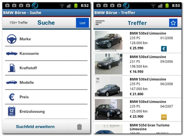 Autos suchst du nach verschiedenen Kriterien, die Ergebnisse werden übersichtlich aufgeschlüsselt.