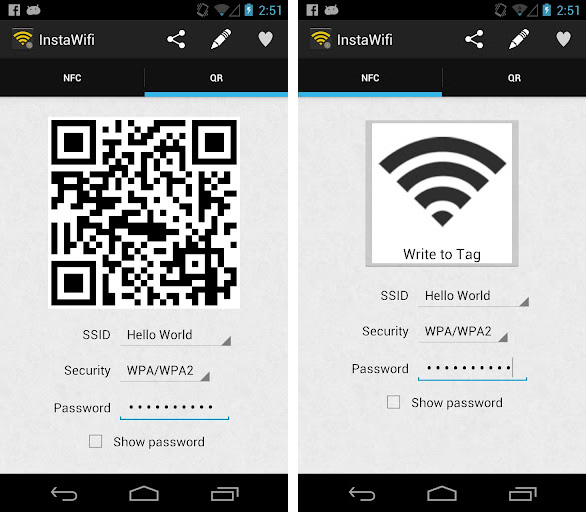 InstaWifi übermittelt das Passwort für das WLAN über NFC bzw. einen QR-Code. InstaWifi übermittelt das Passwort für das WLAN über NFC bzw. einen QR-Code.