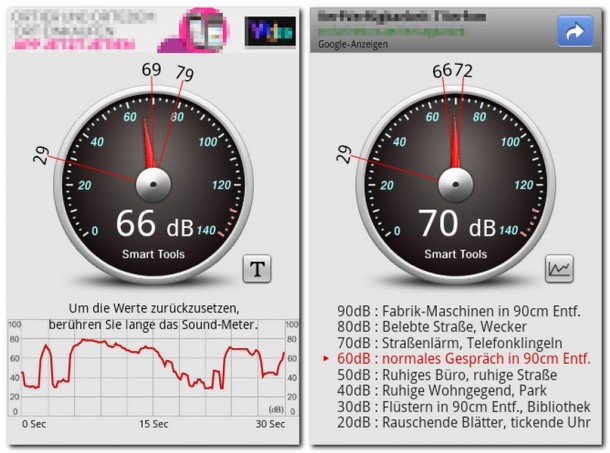 Das Programm 'Sound Meter' misst die Lautstärke der Geräusche in deiner Umgebung.